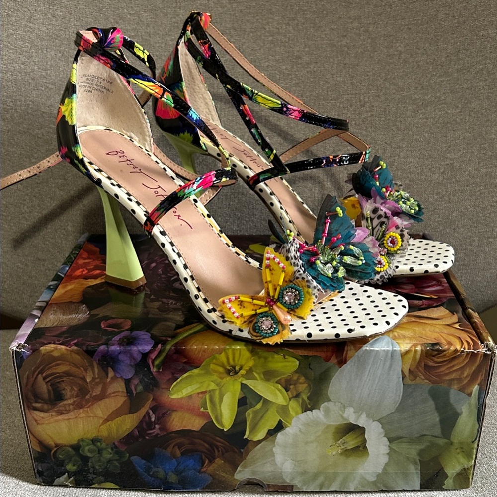 Betsey Johnson Multicolor Floral Heels with Butterfly Details